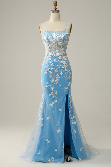 Sirena Tirantes de Espagueti Azul Vestido de Fiesta Con Apliques